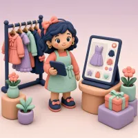 Klei-figuur van een boetiekhouder bij een kledingrek en een tablet