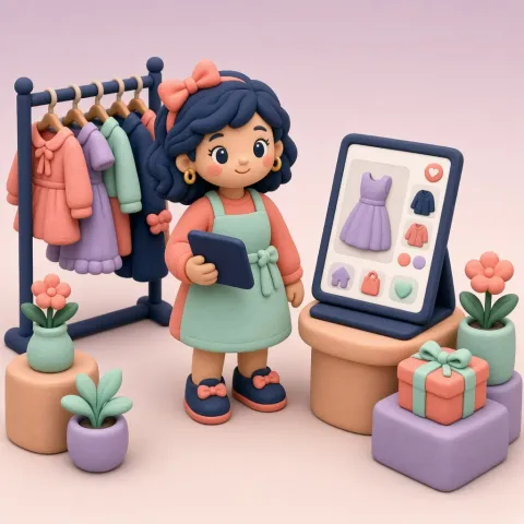 Klei-figuur van een boetiekhouder bij een kledingrek en een tablet