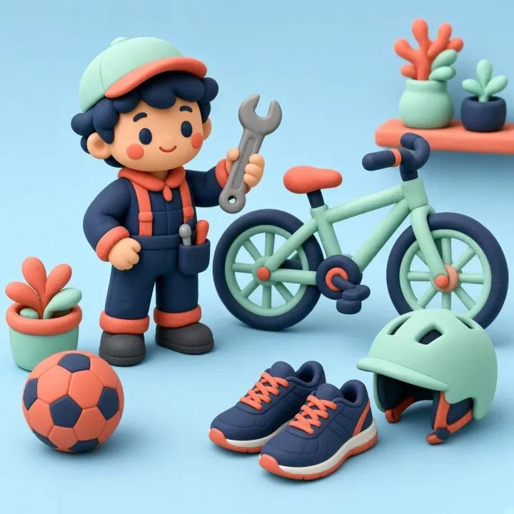 Een fietsenmaker met een moersleutel naast een fiets en een laptop met zijn webshop.