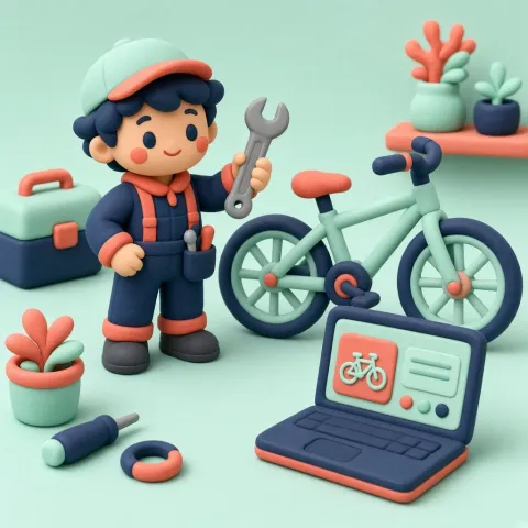 Klei-figuur van een fietsenmaker naast een fiets en een laptop