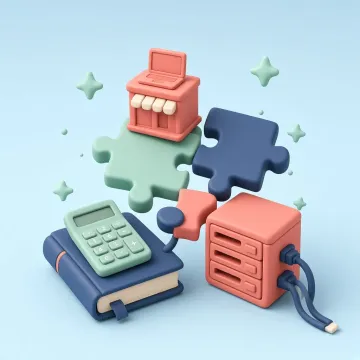 Twee klei-puzzelstukken in navy en koraal klikken in elkaar boven een laptop.