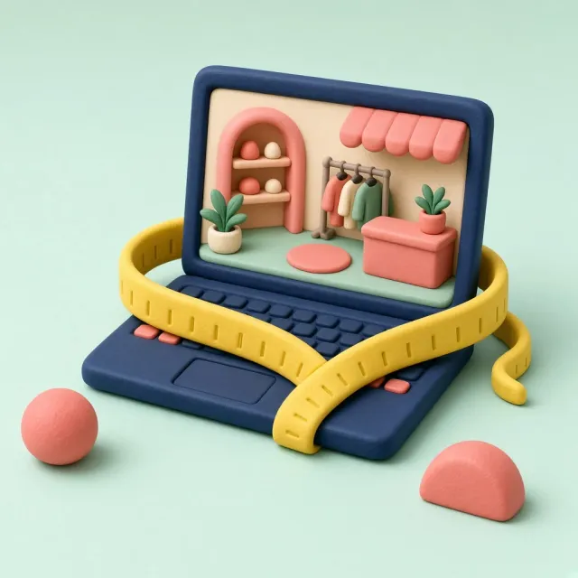 Een laptop met een webshop op het scherm, omwikkeld met een geel meetlint.