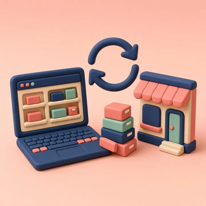 Een winkelpui, een smartphone en een marktkraam verbonden door een geel meetlint.
