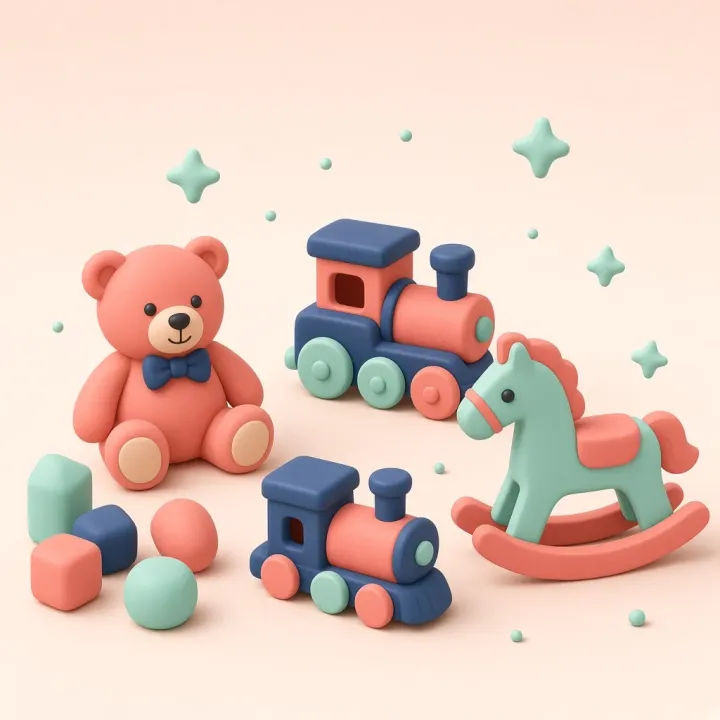 Klei-blokken, een teddybeer en een tablet met een speelgoedwebshop.